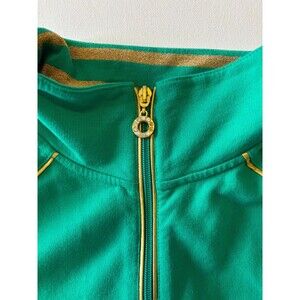 Quacker Factory Green Bling Zip Jacket Women's L Gold Trim Grommet Embellished
